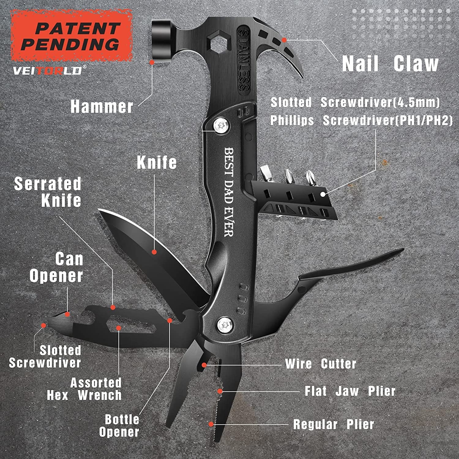 Dad Gifts for Christmas, Gifts for Dad Who Wants Nothing, Stocking Stuffers for Dad Men, Best Dad Ever Gifts from Daughter Son Kids, All in One Survival Tools Hammer Multitool, Cool Gadgets